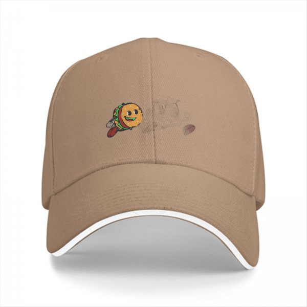 Black baseball cap with a cartoon flying burger graphic