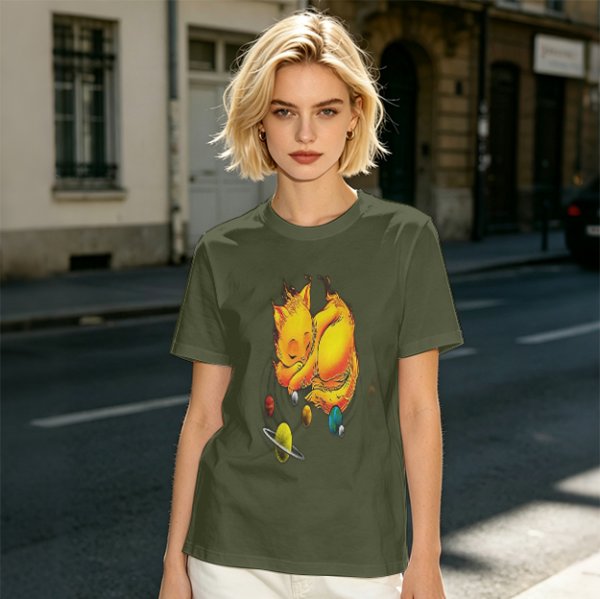 Olive T-Shirt With Sleeping Cosmic Cat And Planets Graphic