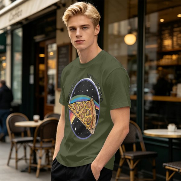 Olive t-shirt with space pizza graphic and Houston have pizza text