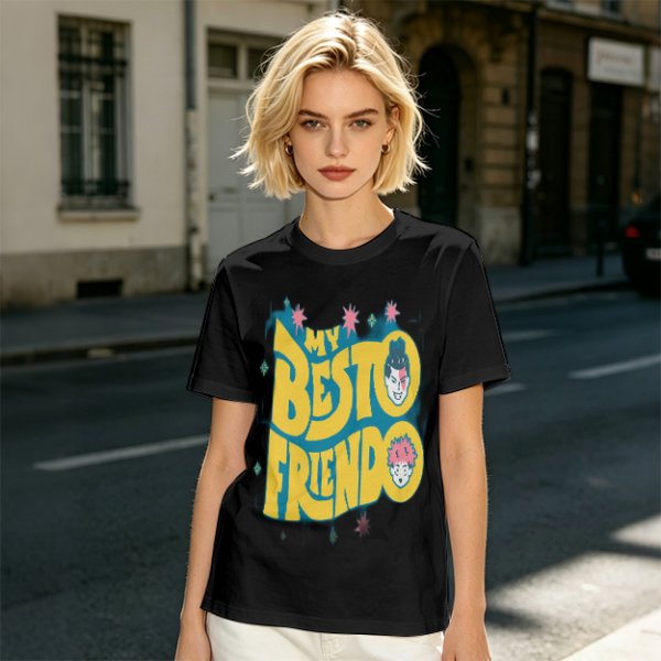 Olive graphic t-shirt with 'MY BESTO FRIENDO' anime character print