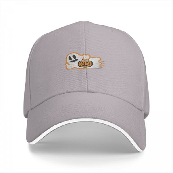 Black Baseball Cap With Cute Ghost Holding Jack O Lantern Halloween Design