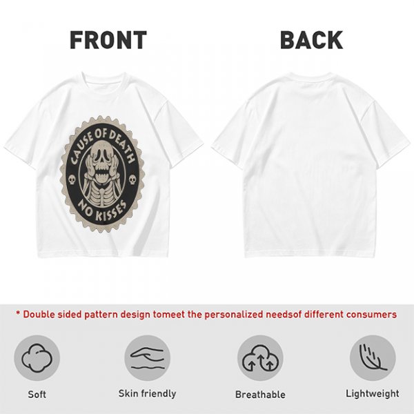 Olive T-shirt with 'Cause of Death No Kisses' Skeleton Graphic