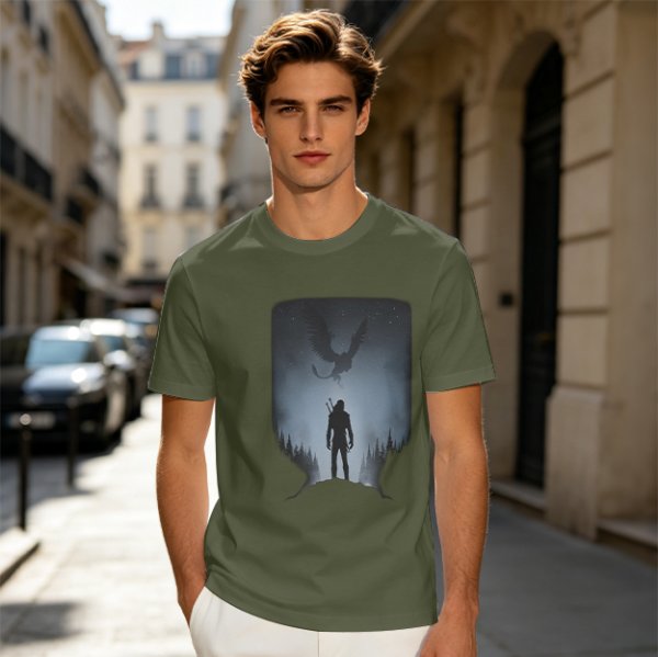 Olive T-Shirt With Dark Fantasy Silhouette Print Of Warrior And Winged Beast