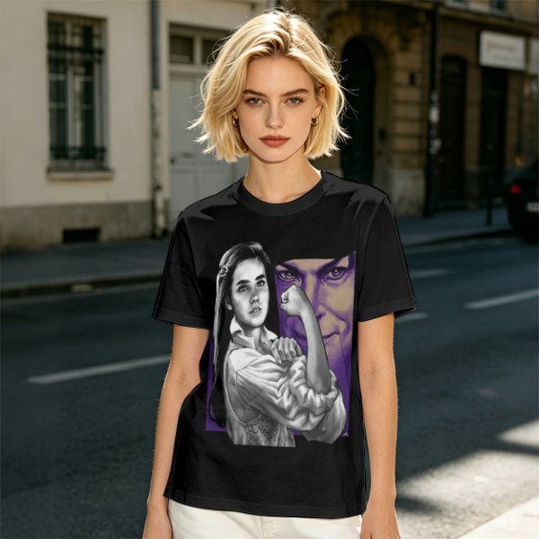 Olive T-shirt with vintage woman flexing arm graphic print