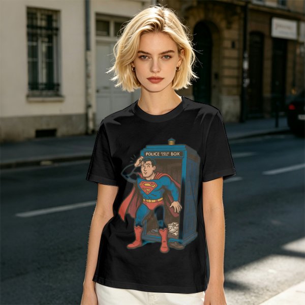 Olive T-shirt with Superman emerging from TARDIS police box graphic