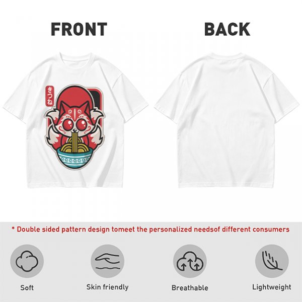 Olive t-shirt with cute kitsune fox eating ramen graphic