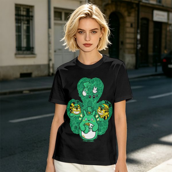Olive Green T-Shirt With Studio Ghibli Clover Graphic Print