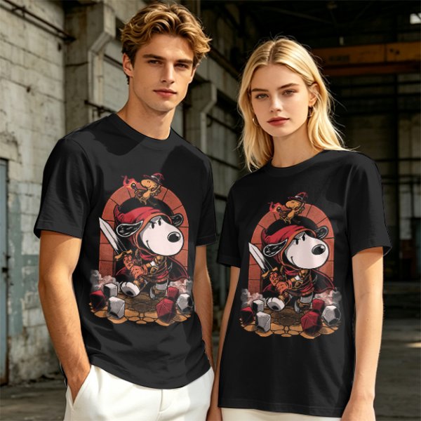 Olive T-Shirt Featuring Snoopy as a Fantasy Warrior with Woodstock