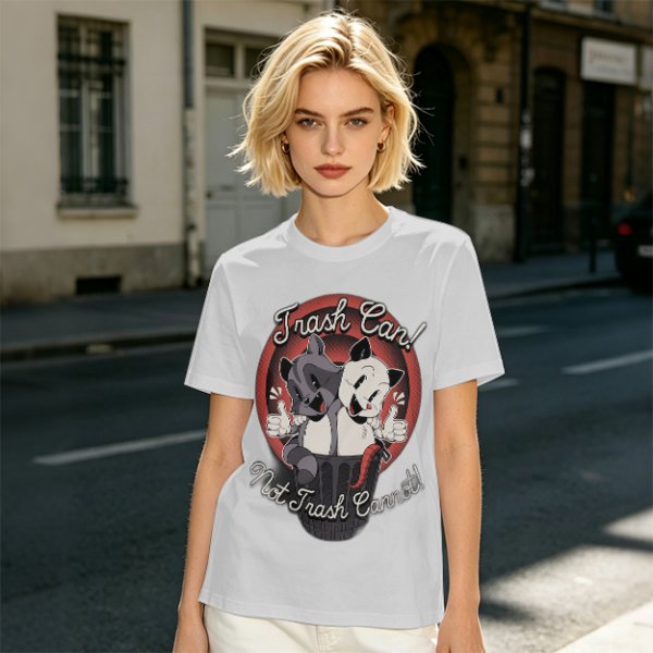 Olive t-shirt with retro cartoon raccoon and dog trash can print