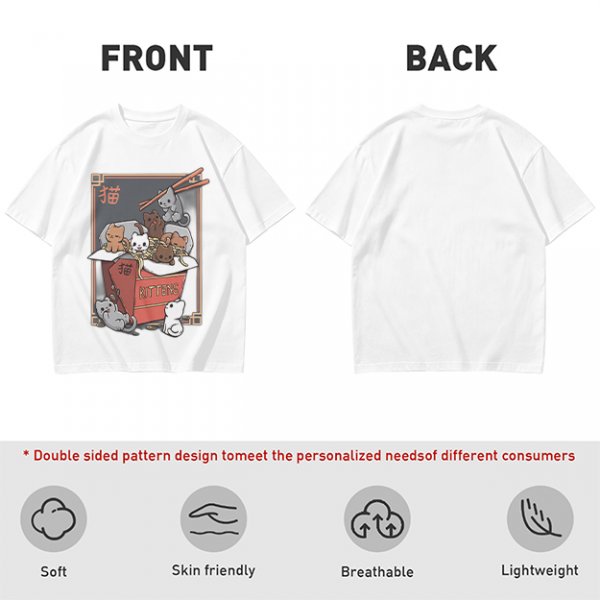 Olive t-shirt with playful kittens in takeout noodle box graphic