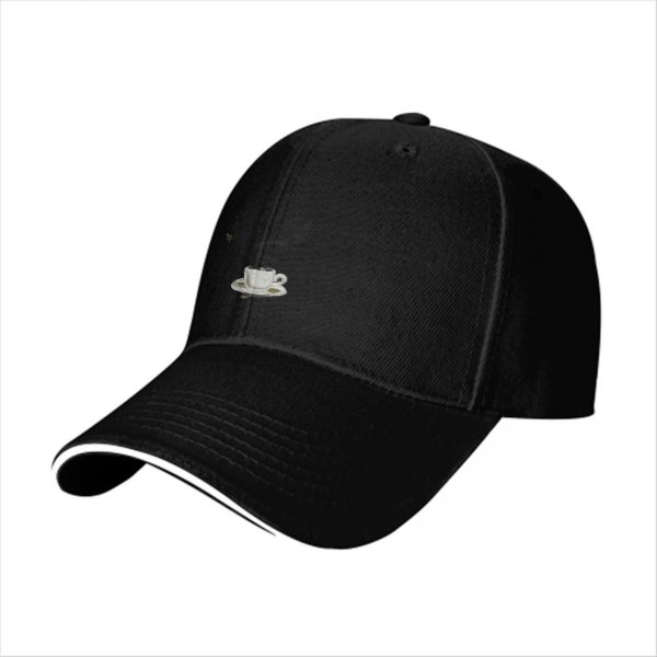 Black Baseball Cap with Coffee Cup and Saucer Graphic