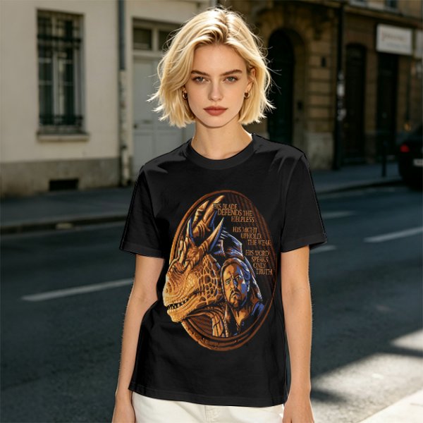 Olive T-Shirt With Dragon And Warrior Fantasy Art Print