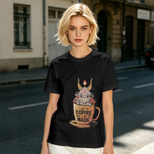 Olive t-shirt with cute Baphomet coffee magic print