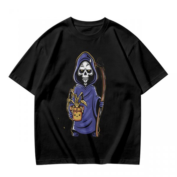 Olive T-Shirt With Cute Grim Reaper Holding Wilted Potted Plant Print