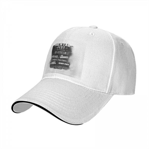 Black baseball cap with Mental Fest themed band-style print
