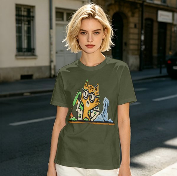 Olive T-Shirt With Mad Scientist Cat Chemistry Lab Print
