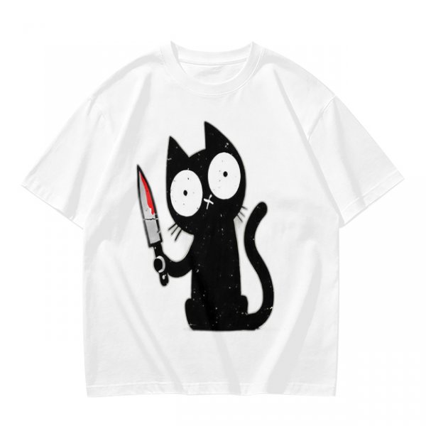 Olive T-shirt with a black cartoon cat holding a bloodied knife