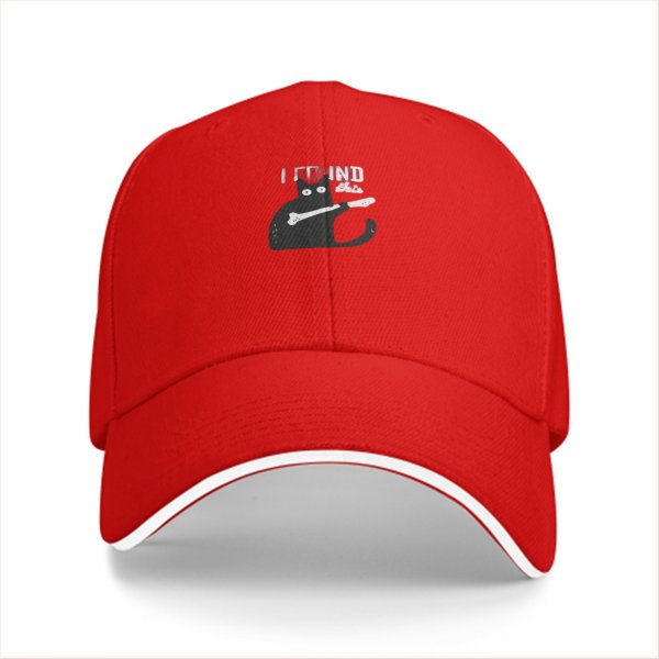Black baseball cap with a cat holding a bone graphic and text