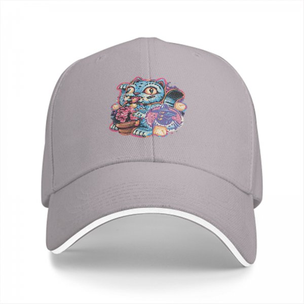 Black Baseball Cap With Whimsical Blue Cat Art Print