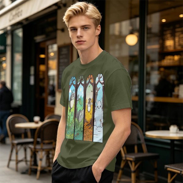 Olive T-Shirt With Stained Glass Style Four Seasons Forest Creature Art