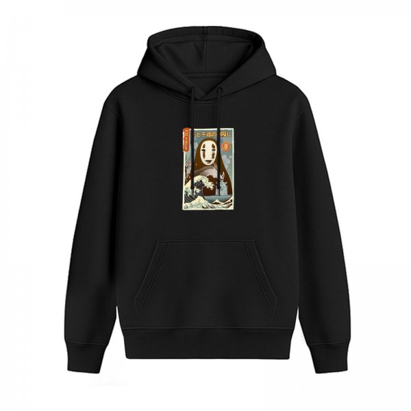 Black hoodie with Spirited Away No-Face and Great Wave print