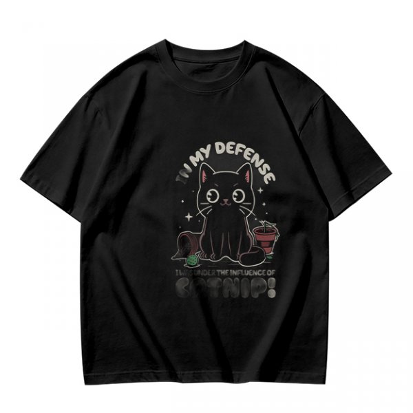 Olive t-shirt with black cat 'In My Defense I Was Under Catnip' print
