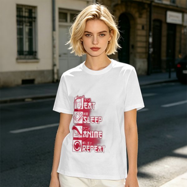 Oversized Olive Anime Themed T-Shirt With Eat Sleep Anime Repeat Print