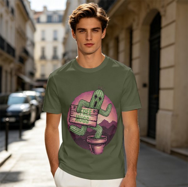Olive T-shirt with Cartoon Cactus Free Hugs Desert Print