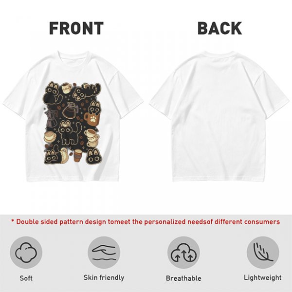 Olive T-Shirt With Cute Black Cats And Coffee Themed Print