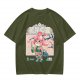Olive green t-shirt with cherry blossom festival dog character print