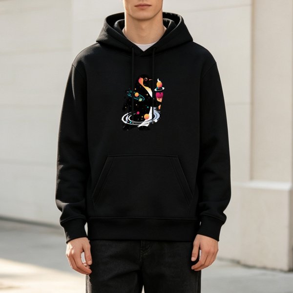 Black hoodie with cosmic penguin holding ice cream graphic