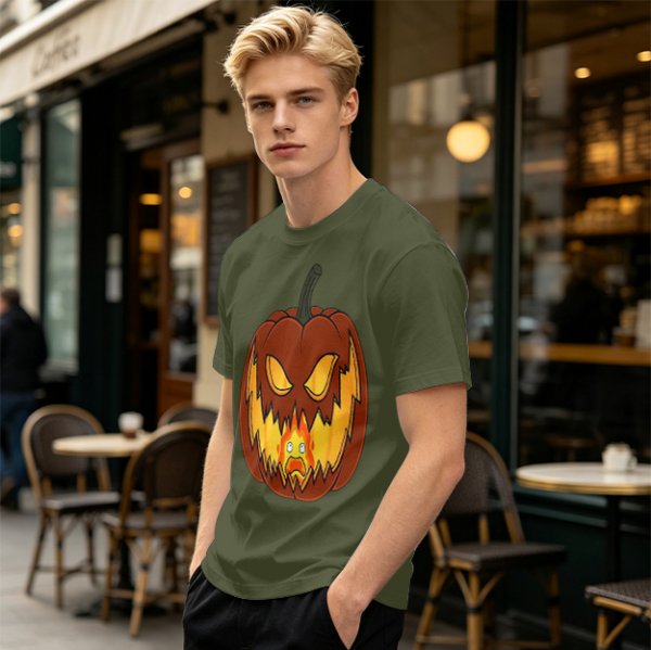 Olive Green T-Shirt With Scary Jack O' Lantern Pumpkin Print