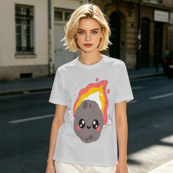 Olive green t-shirt with cute cartoon flaming asteroid graphic