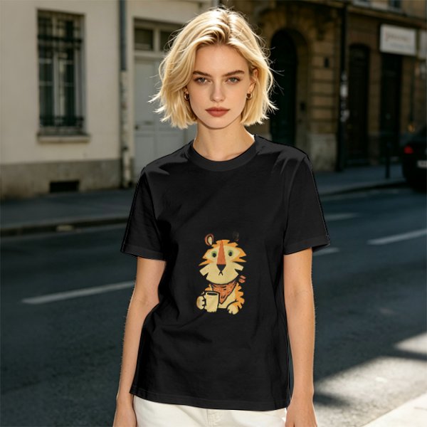 Olive Green T-Shirt with Cute Tiger Holding Coffee Mug Print