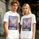Olive T-shirt with Cyberpunk City Bridge Character Art Print
