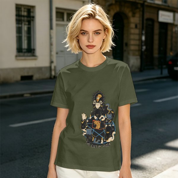 Olive Graphic T-Shirt With The Cult Of Pizza Cat Occult Artwork