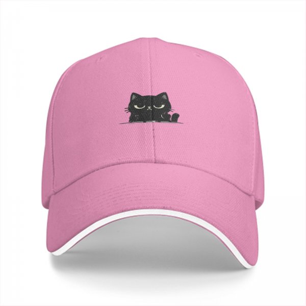 Black Baseball Cap With Grumpy Black Cat Graphic Design