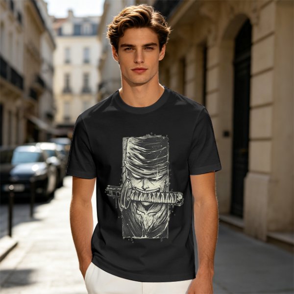 Olive T-shirt with One Piece Zoro Bandana Sword Print