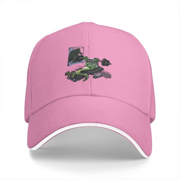 Black baseball cap with a green frog bench pressing weight design
