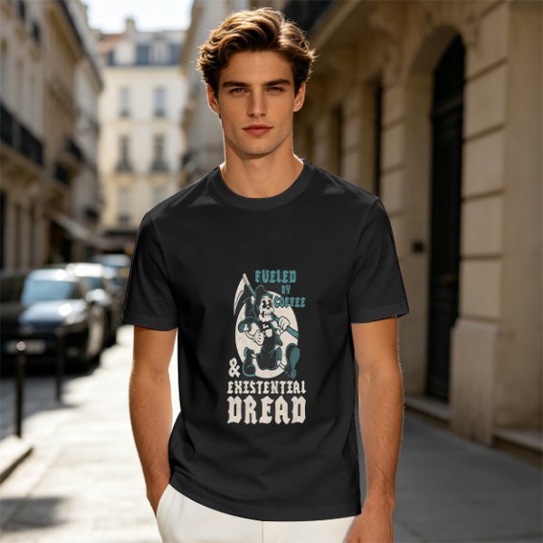 Olive graphic t-shirt with 'Fueled by Coffee & Existential Dread' grim reaper print