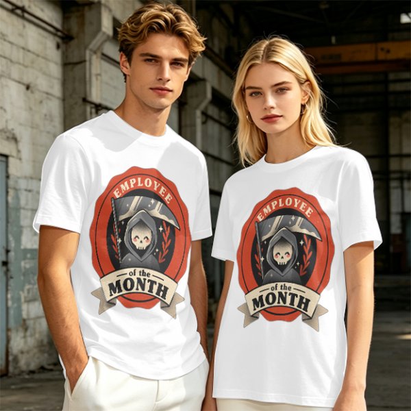 Olive T-Shirt with Cute Grim Reaper Employee of the Month Print