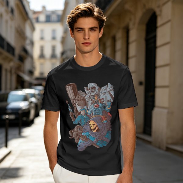 Olive T-shirt with 80s villain cartoon characters print