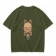 Olive green t-shirt with cute cat holding a mug print