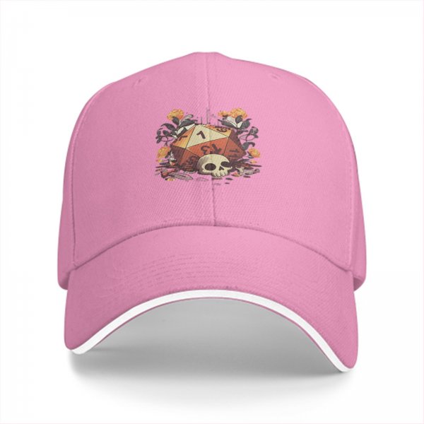 Black baseball cap with d20 skull and floral fantasy print