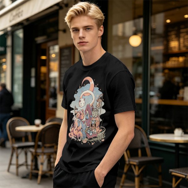 Olive T-Shirt With Whimsical Cat Crescent Moon Artwork