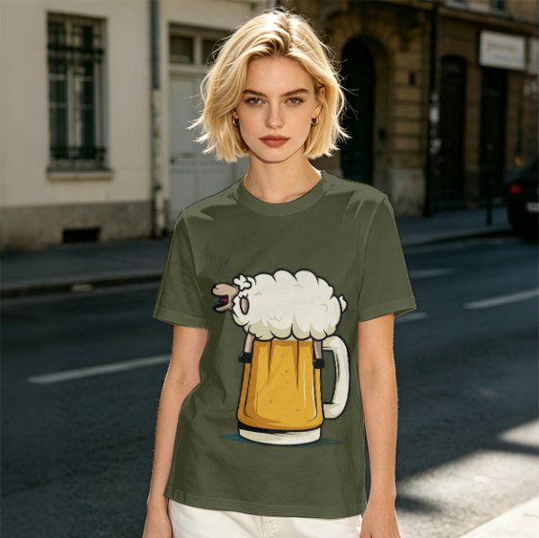 Olive Green T-Shirt With Funny Sheep Beer Mug Graphic