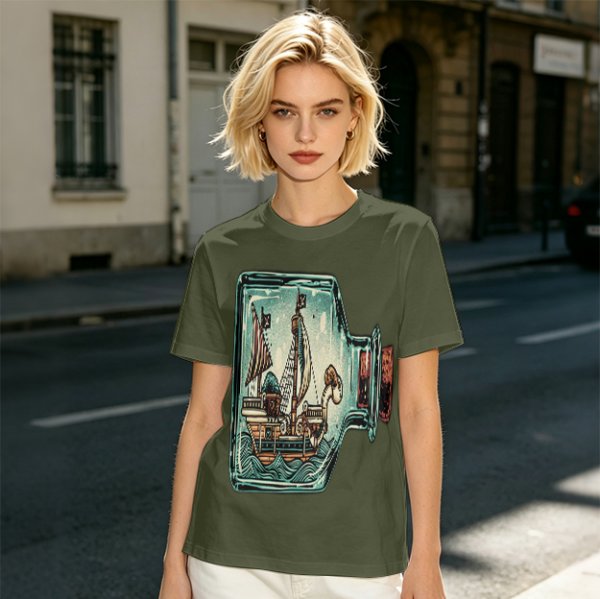 Olive T-Shirt With Pirate Ship In Glass Jar Artwork