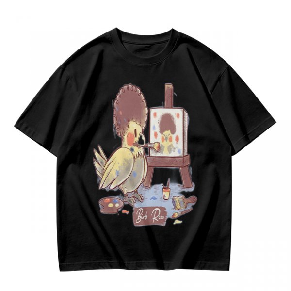 Olive T-Shirt Featuring a Bird Painting a Self-Portrait with an Afro