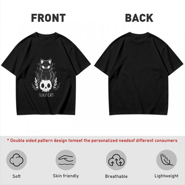 Olive green graphic t-shirt with black cat and skull print