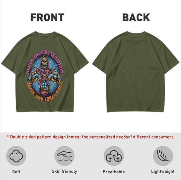 Olive t-shirt with skeleton warrior graphic and permission forgiveness text